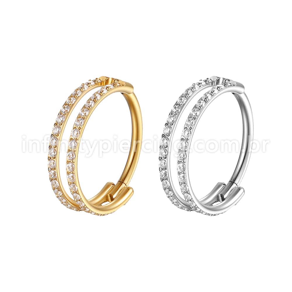 Piercing Argola Segmento Articulado Aço Cirúrgico Vazada 2 Fileiras Zircônia Cravejada